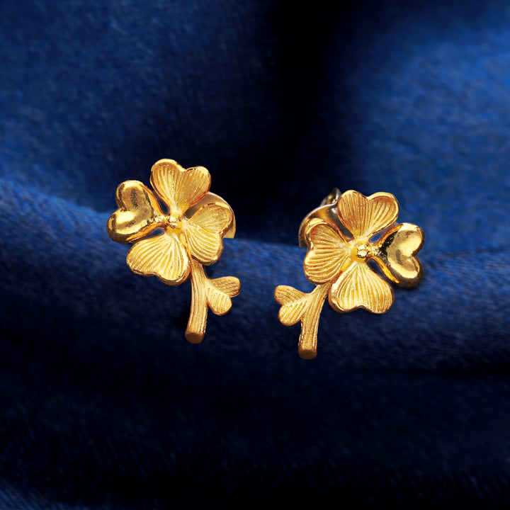 24K Pure Gold Stud Earrings: Lucky Leaf with Stick Design