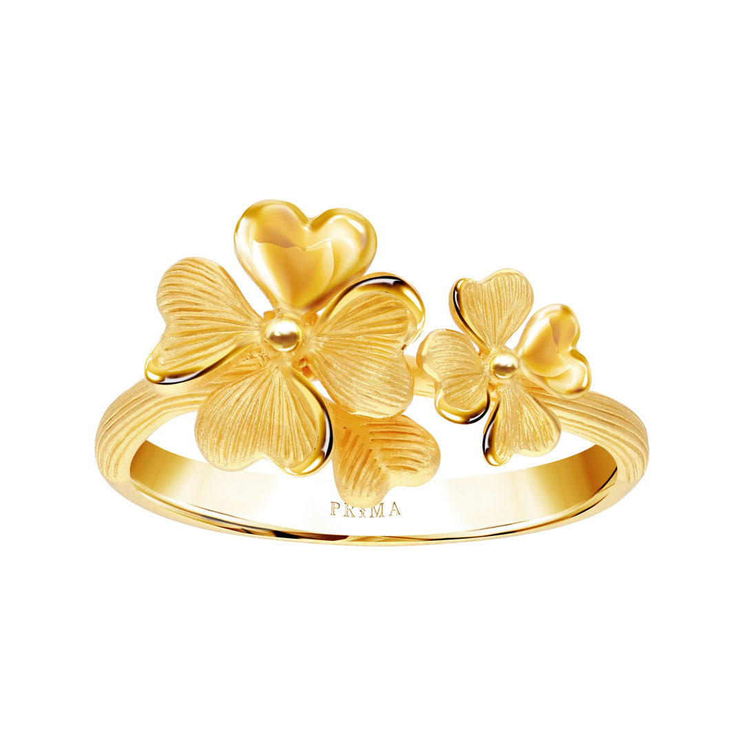 24K Pure Gold Ring: Double Lucky Leaf Design