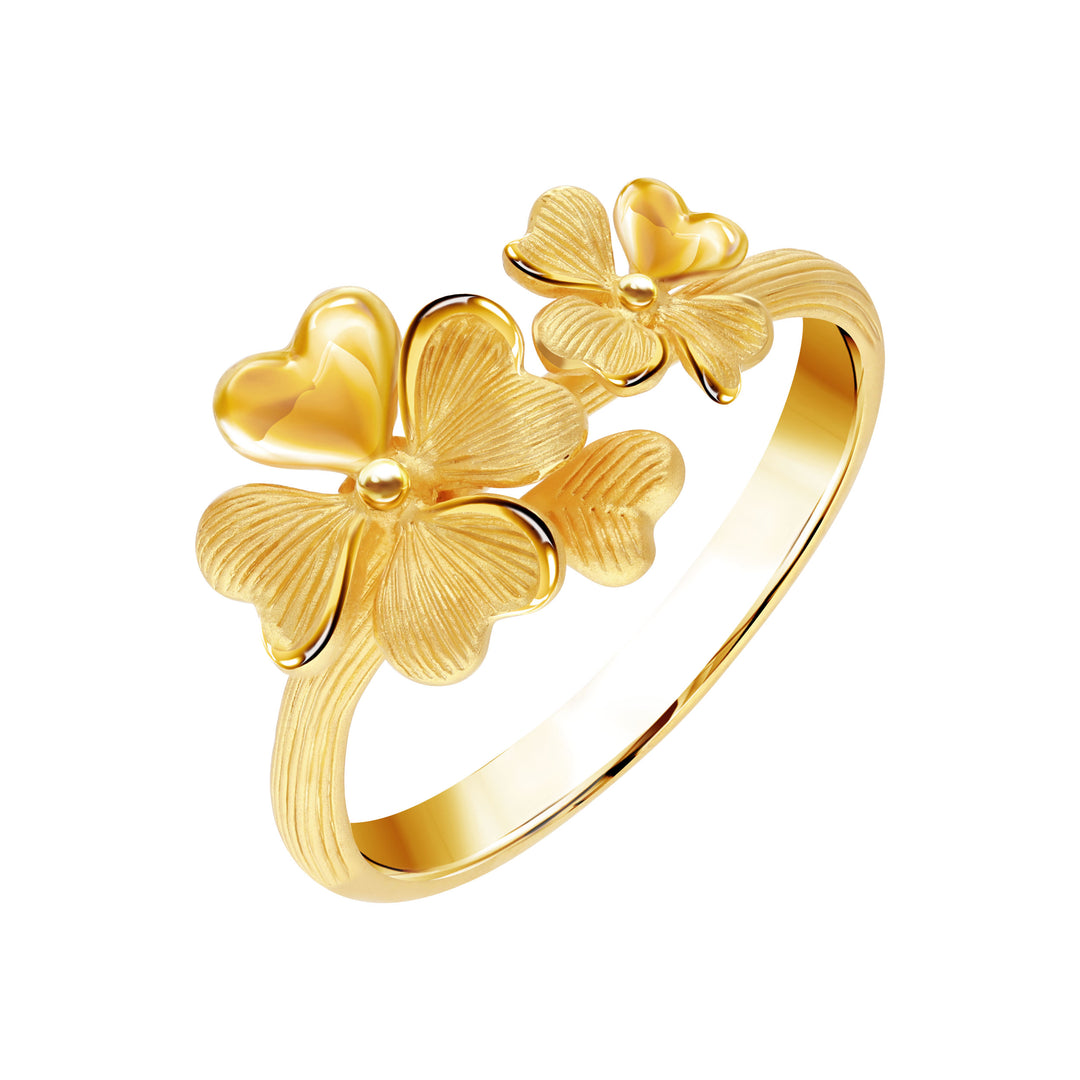 24K Pure Gold Ring: Double Lucky Leaf Design