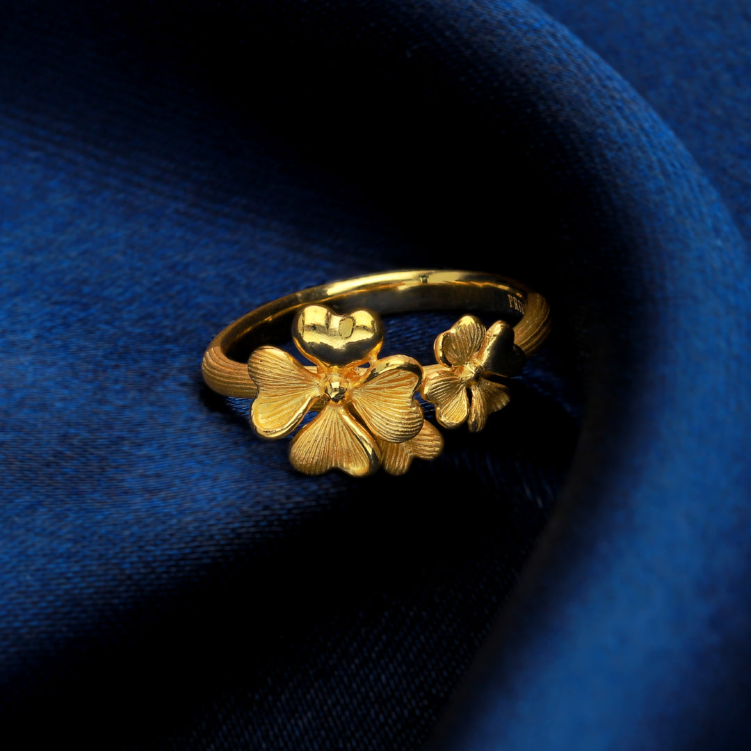 24K Pure Gold Ring: Double Lucky Leaf Design