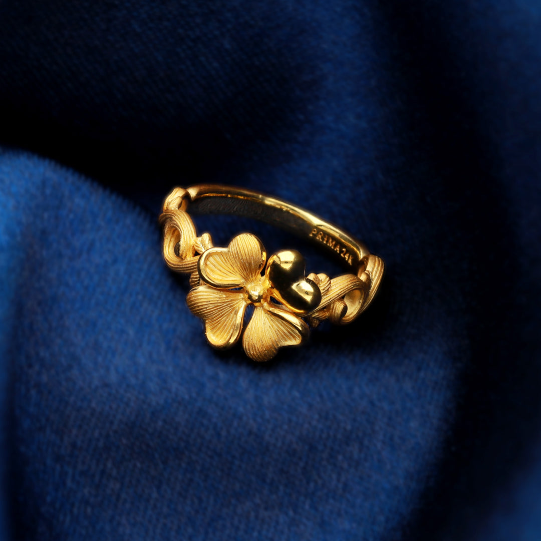 24K Pure Gold Ring: Single Lucky Leaf Design