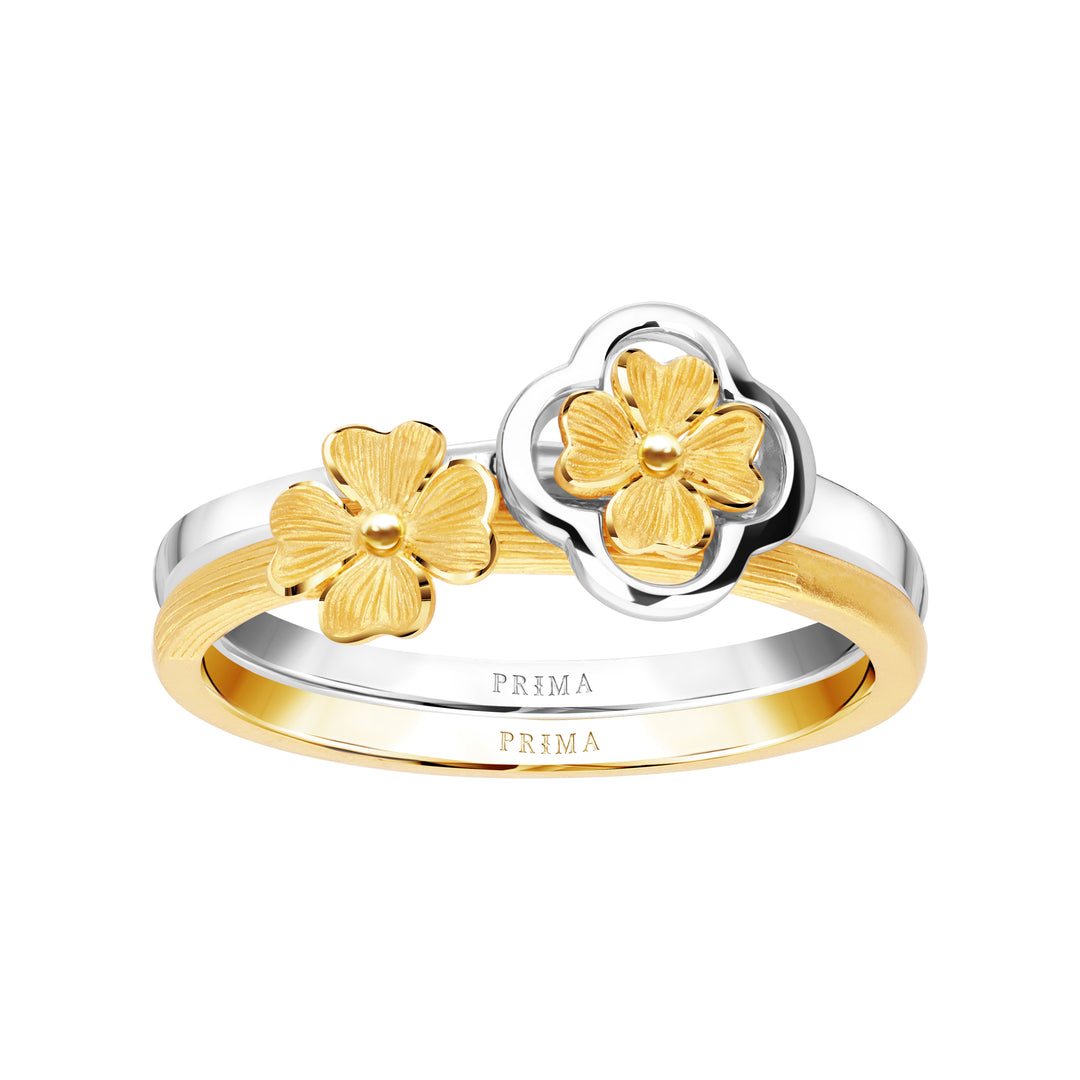 24K Pure Gold Two Tone Ring:  Lucky Leaf Design