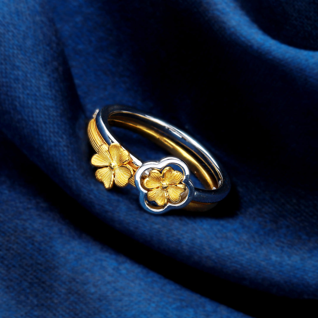 24K Pure Gold Two Tone Ring:  Lucky Leaf Design