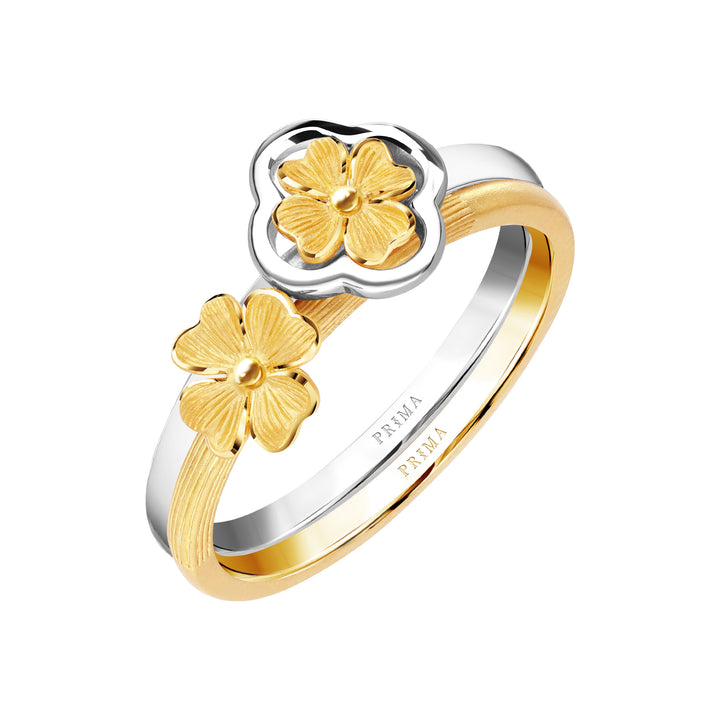 24K Pure Gold Two Tone Ring:  Lucky Leaf Design