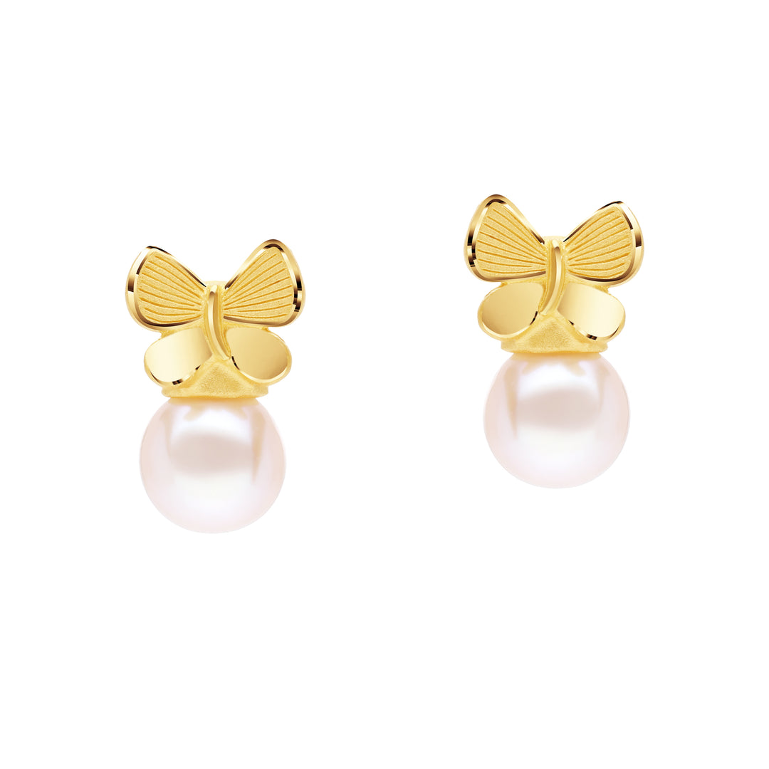 24K Pure Gold  with Pearl Stud Earrings: Papillon Collection