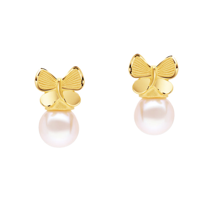 24K Pure Gold  with Pearl Stud Earrings: Papillon Collection