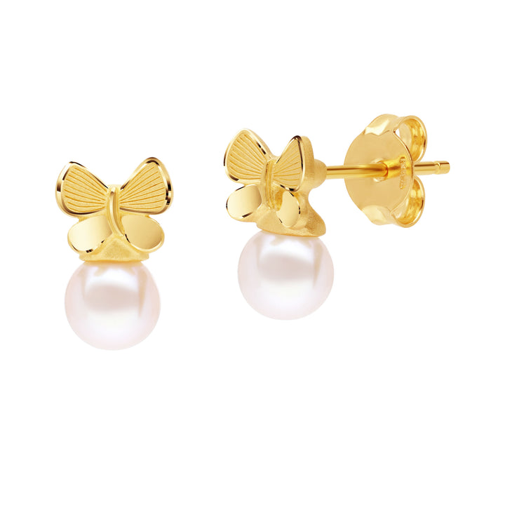 24K Pure Gold  with Pearl Stud Earrings: Papillon Collection