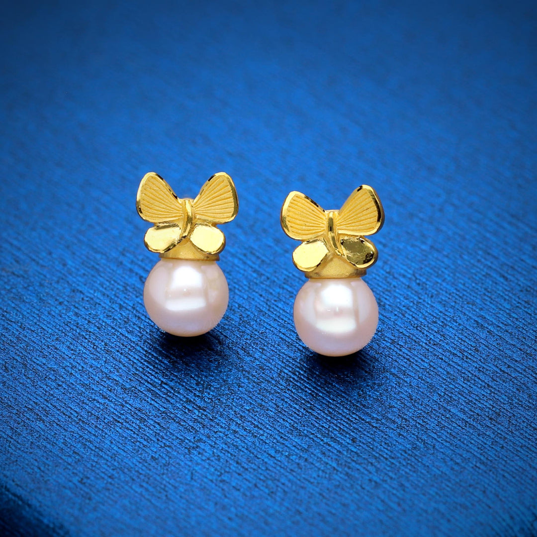 24K Pure Gold  with Pearl Stud Earrings: Papillon Collection