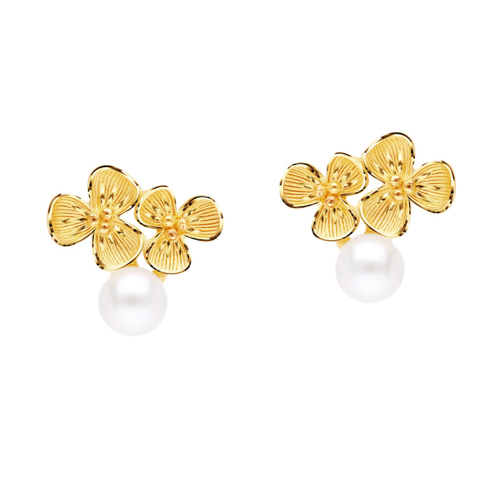 24K Pure Gold  with Pearl Stud Earrings:: Double Leaf Dewy  Collection