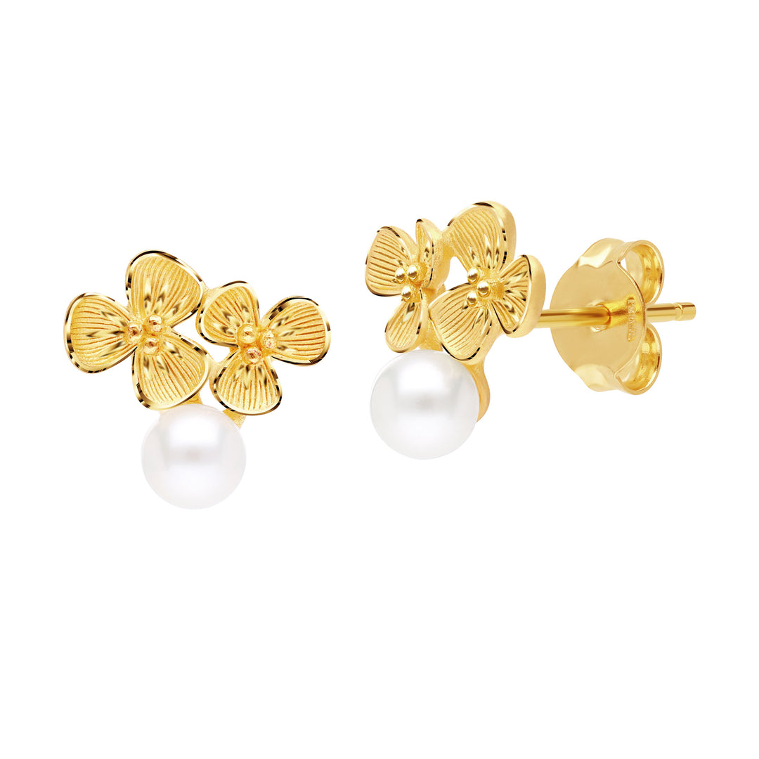 24K Pure Gold  with Pearl Stud Earrings:: Double Leaf Dewy  Collection