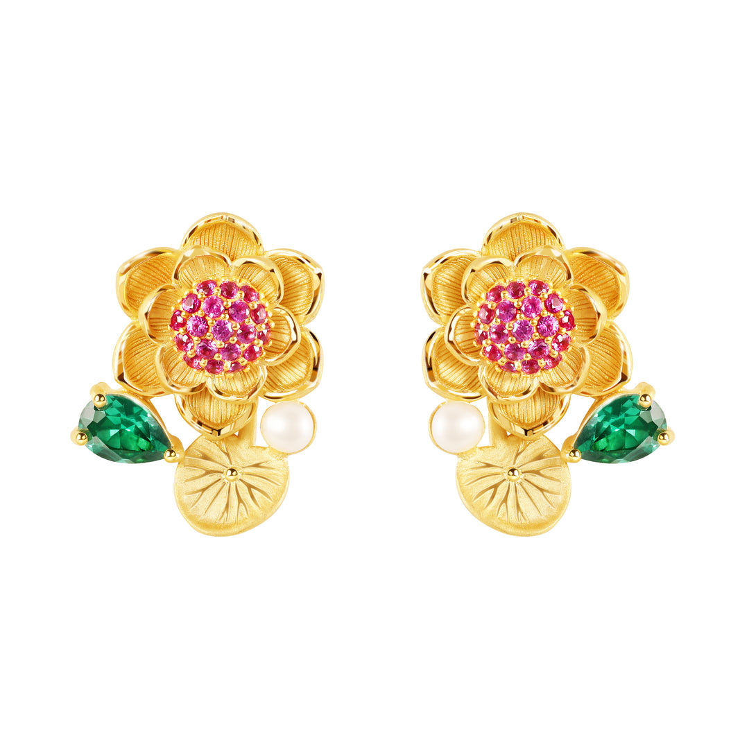 24K Pure Gold with Gemstone Earrings : Lotus Design