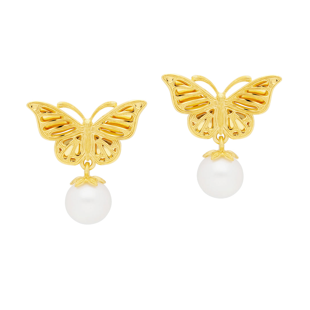 24K Pure Gold with Pearl Stud Earring : Butterfly Design
