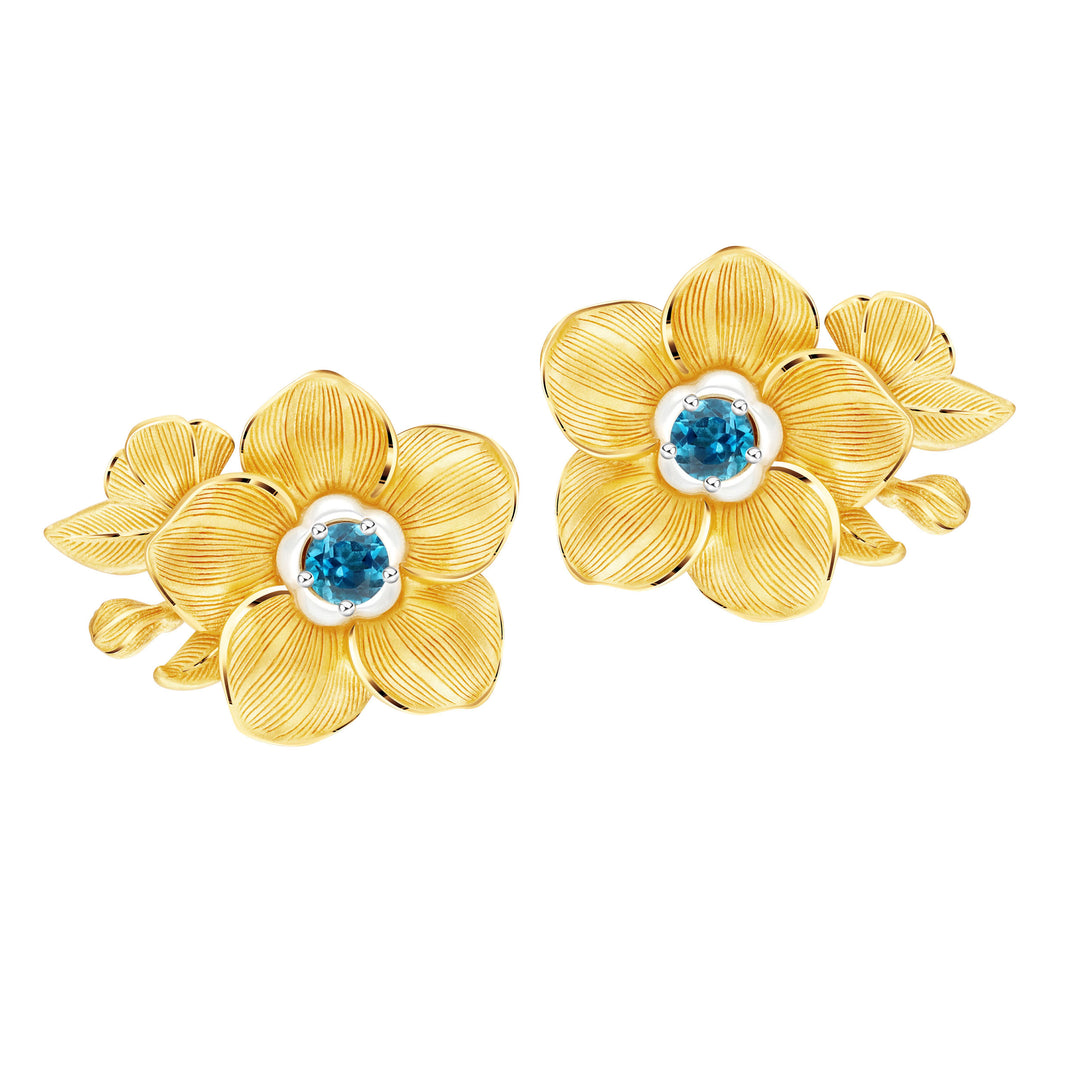 24K Pure Gold with Gemstone Stud Earring : Forget Me Not Flower Design