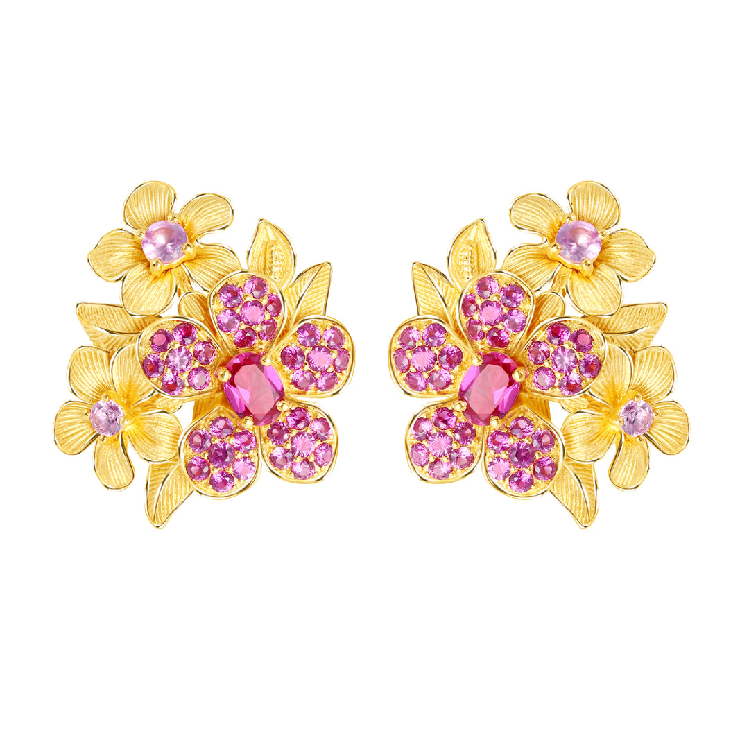 24K Pure Gold with Ruby Stud Earrings : Royal Blossom Design