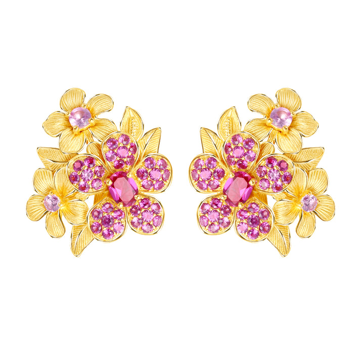 24K Pure Gold with Ruby Stud Earrings : Cherry Blossom Design