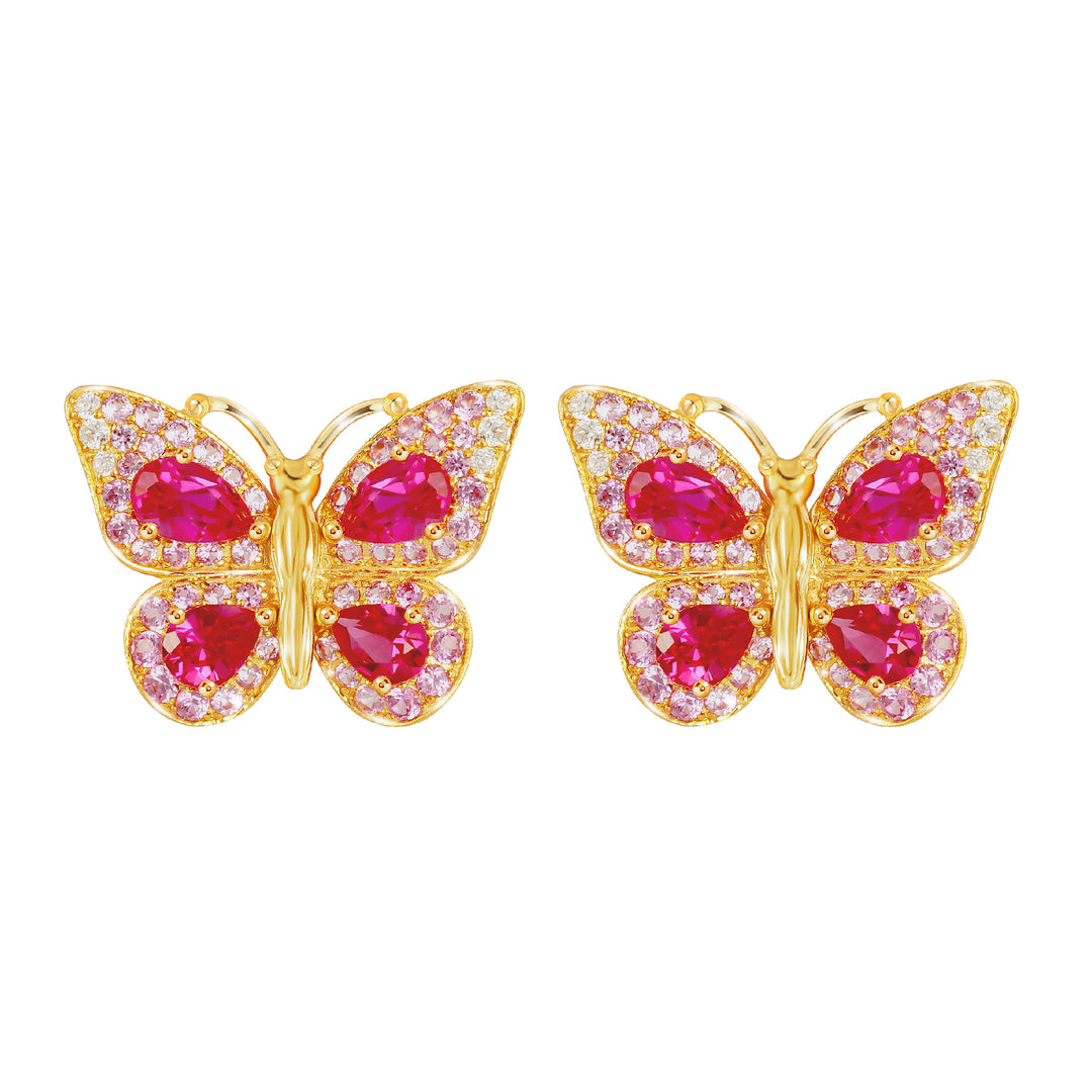 24K Pure Gold with Ruby Stud Earring : Flying Butterfly Design