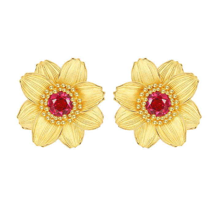 24K Pure Gold with Ruby Stud Earrings : Calendula Design