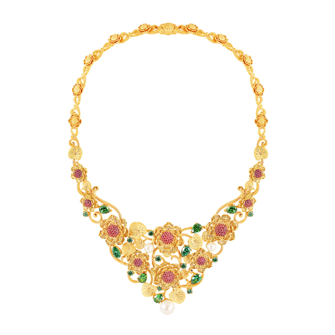 24K Pure Gold with Gemstone Necklace : Lotus Design