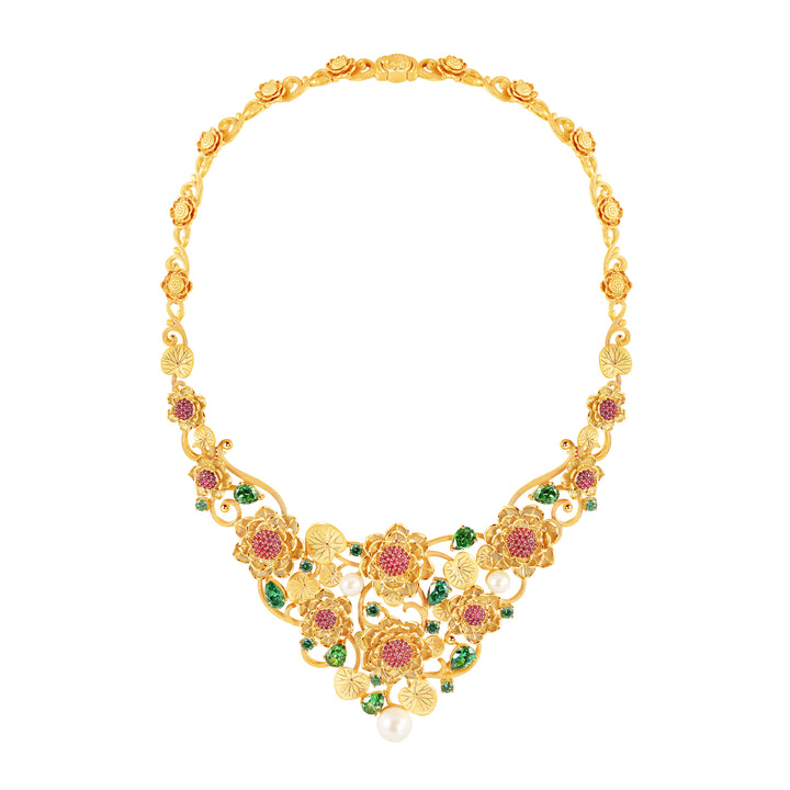 24K Pure Gold with Gemstone Necklace : Lotus Design