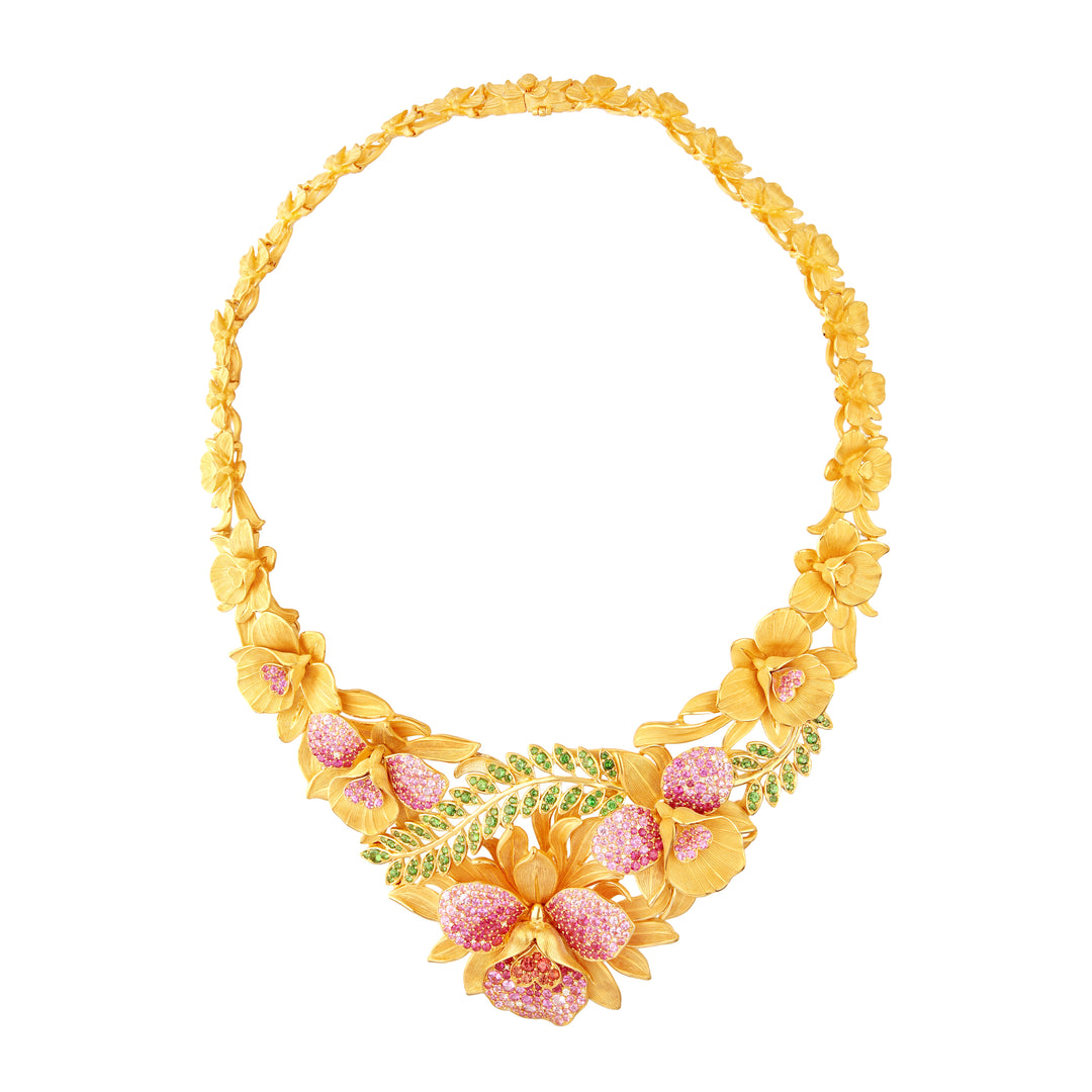 24K Pure Gold with Gemstone Necklace : Cattleya Orchid Design
