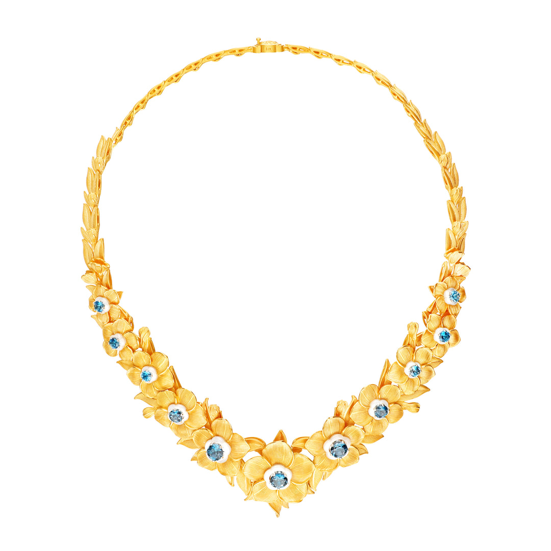 24K Pure Gold with Gemstone Necklace : Forget Me Not Flower Design