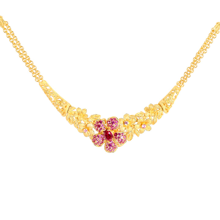 24K Pure Gold with Ruby Necklace : Royal Blossom Design