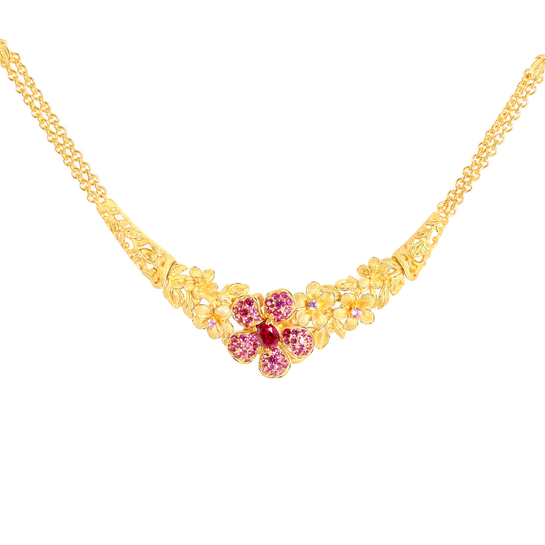 24K Pure Gold with Ruby Necklace : Cherry Blossom Design