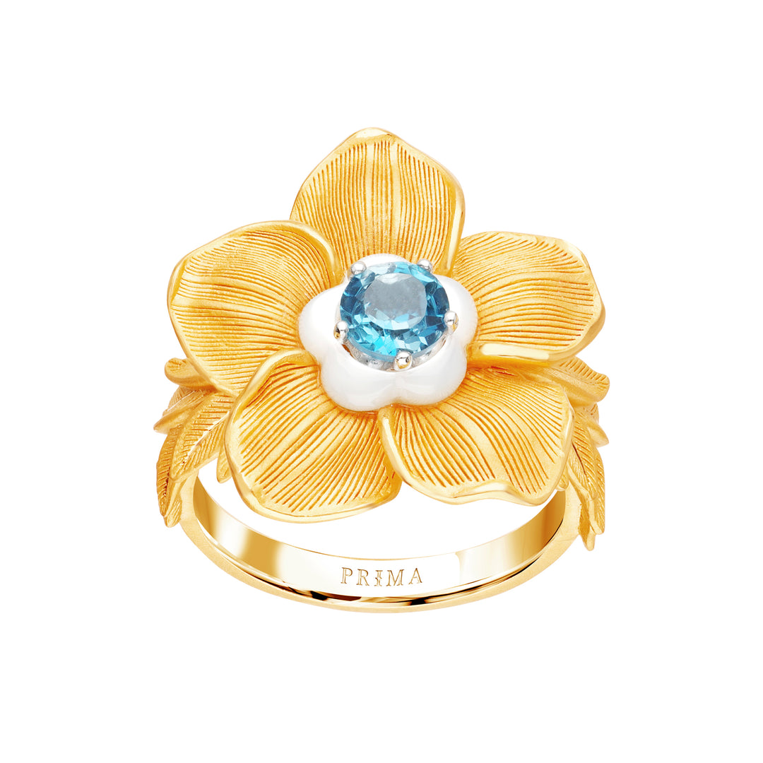 24K Pure Gold with Gemstone Ring : Forget Me Not Flower Design