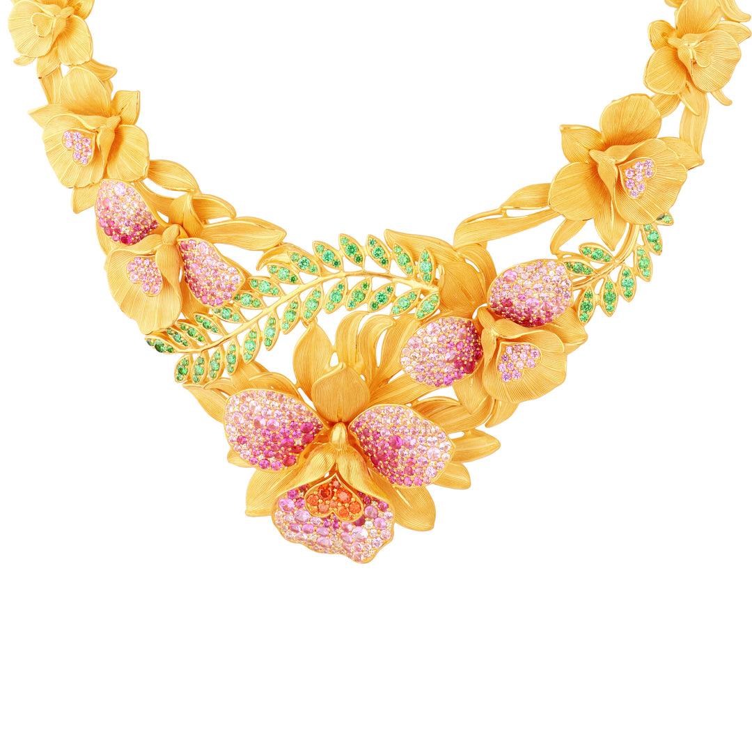 24K Pure Gold with Gemstone Necklace : Cattleya Orchid Design