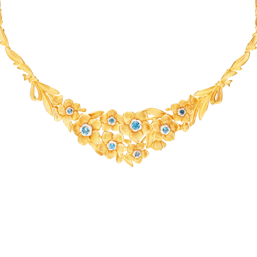 24K Pure Gold with Gemstone Necklace : Forget Me Not Flower Design