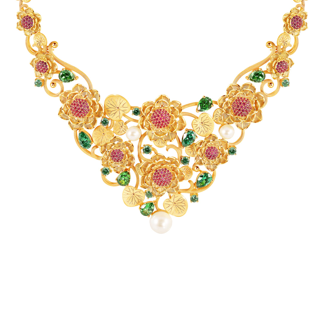 24K Pure Gold with Gemstone Necklace : Lotus Design